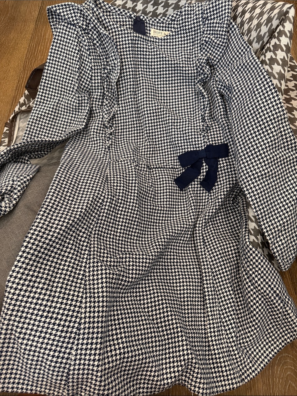 Hope & Henry Navy and White Houndstooth Girls' Dress with Bow